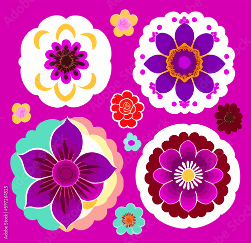 Set of flat floral stickers on a pink background. Vector illustration for print 