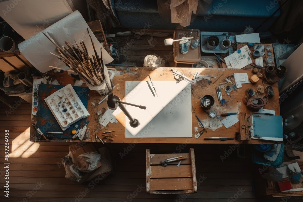 Painting in Progress: A Top-Down View of the Artist's Workspace Painting in Progress: A Top-Down View of the Artist's Workspace