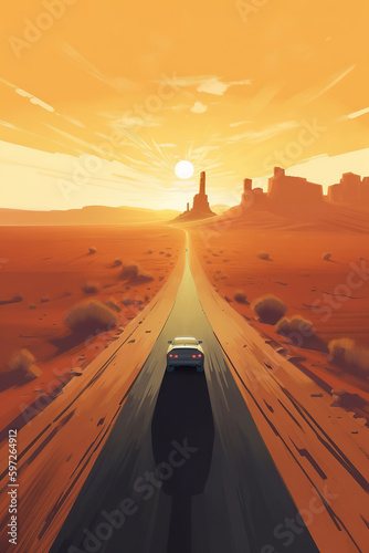 car driving down the middle of a desert road, desert highway, ai art illustration 