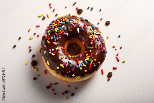 Chocolate glazed donut with colorful sprinkles isolated on white from a top view. Generative AI