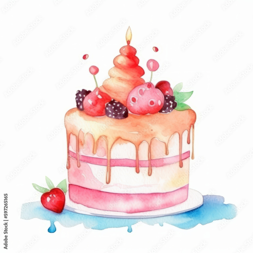Watercolor Birthday Cake. Illustration AI Generative. Watercolor Birthday Cake. Illustration AI Generative.