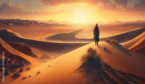 lone traveler walking through a desert at sunset, with sand dunes, generative ai 