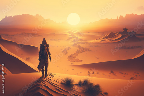 lone traveler walking through a desert at sunset, with sand dunes, generative ai 