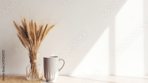 Mug and transparent vase with dry spikelets. Illustration AI Generative