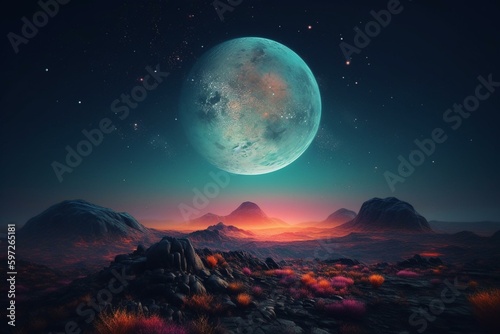 Colorful moonlit landscape abstract wallpaper. Generative AI © Vadym