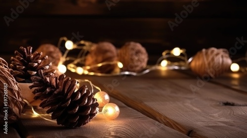 Christmas lights and cones. Illustration AI Generative.