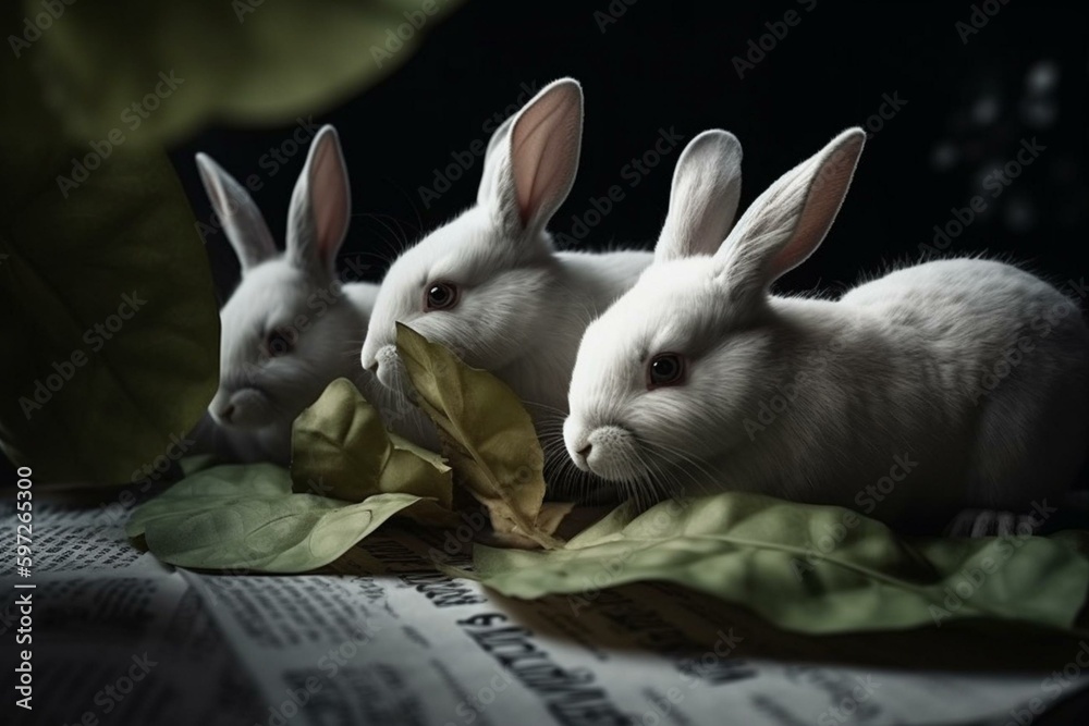 5 cute rabbits peeping behind a leaf of paper. Generative AI Stock ...