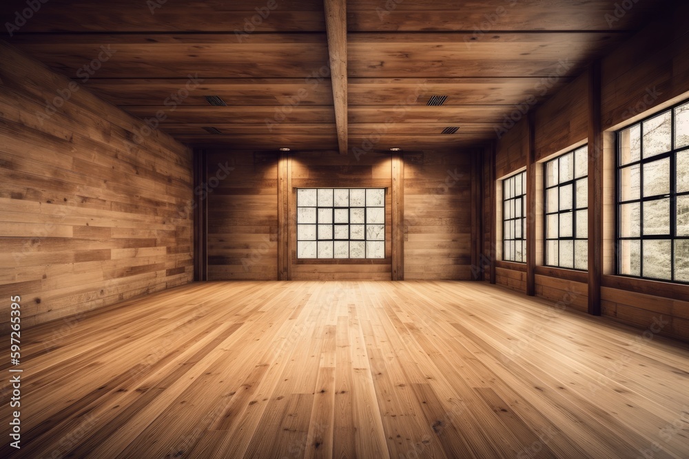 empty Japanese dojo room with wooden floor