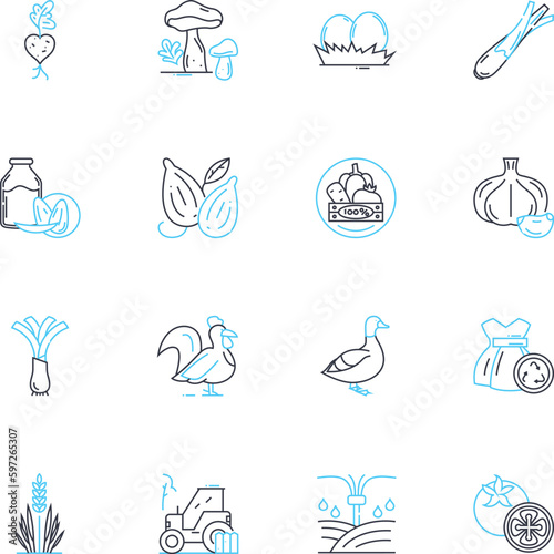 Sustainable farming linear icons set. Agroforestry, Biodiversity, Carbon sequestration, Compost, Conservation, Crop rotation, Drought-resistant line vector and concept signs. Generative AI