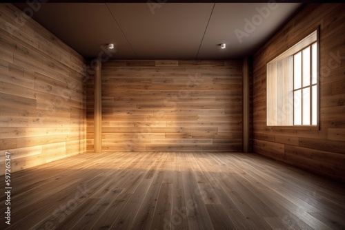 empty room with wooden wall and ample light from window