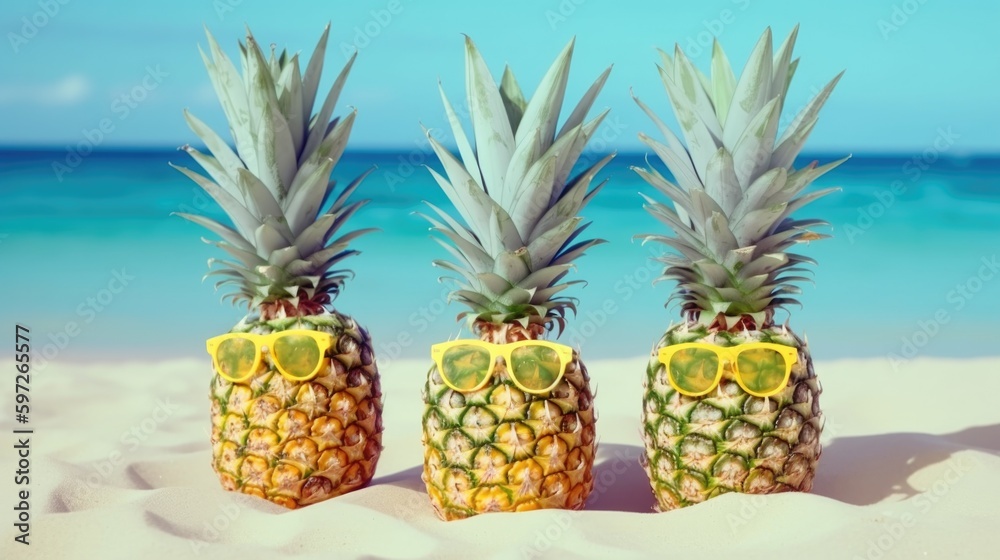 Cute pineapples in sunglasses. Illustration AI Generative. Cute pineapples in sunglasses. Illustration AI Generative.