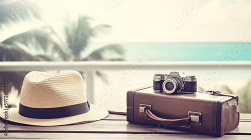 Vintage Camera and Hat on Summer Background. Illustration AI Generative.