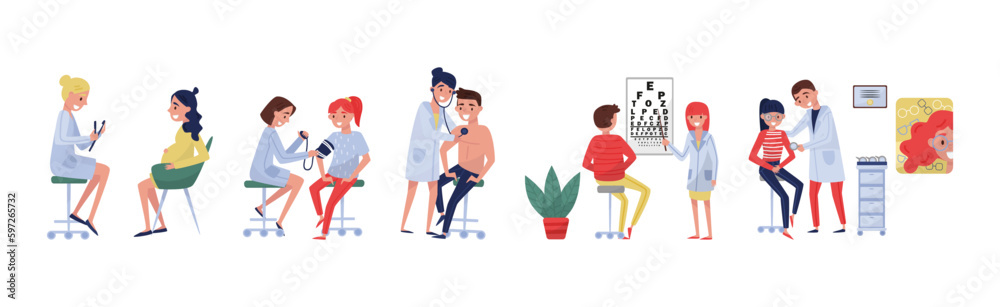Medical Checkup with Doctors Examining Patients Characters Vector Set Medical Checkup with Doctors Examining Patients Characters Vector Set