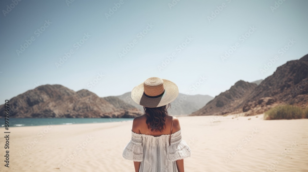 Back view of girl on the beach. Illustration AI Generative.