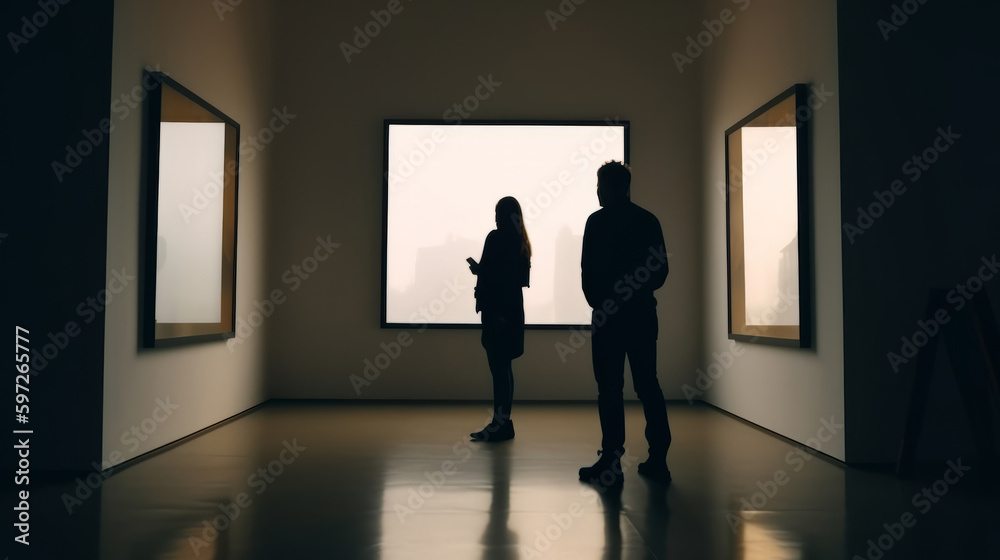 Peoples Silhouettes Looking on the Empty Frame in Art Gallery Illustration AI Generative.