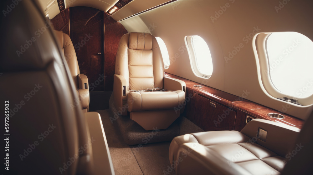 Interior of luxurious private jet with leather seats Illustration AI Generative. Interior of luxurious private jet with leather seats Illustration AI Generative.