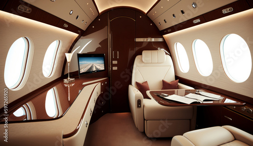 Interior of luxurious private jet with leather seats Illustration AI Generative.