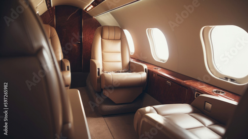 Interior of luxurious private jet with leather seats Illustration AI Generative. © olegganko