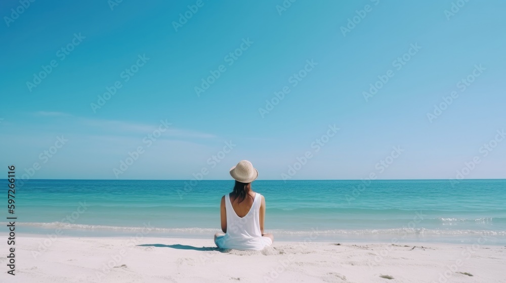 Woman meditation on beach. Illustration AI Generative. Woman meditation on beach. Illustration AI Generative.