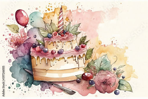 Watercolor Birthday Cake. Illustration AI Generative.