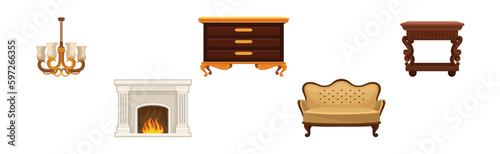 Vintage Furniture with Carved Wooden Items Vector Set