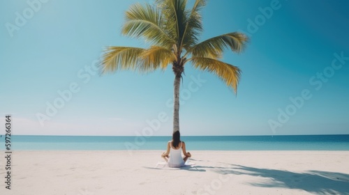 Woman meditation on beach. Illustration AI Generative.