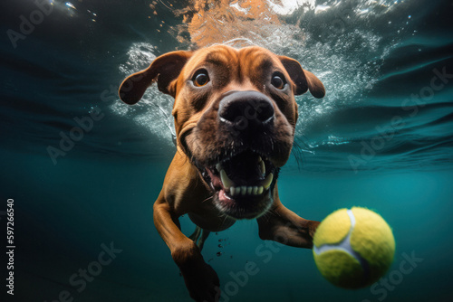 Valokuva Animated Pup Fetching Tennis Ball in Dazzling Underwater Capture