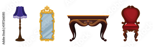 Vintage Furniture with Carved Wooden Items Vector Set