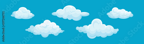 White Soft Fluffy Clouds on Blue Background Vector Set