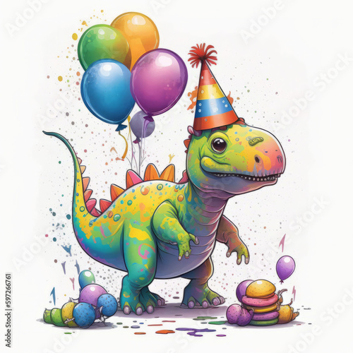 Cute watercolor Birthday Dino. Illustration AI Generative.