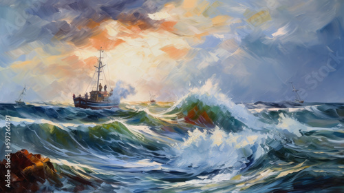 Impressionist painting,sea, ship, storm, big wave Illustration AI Generative.