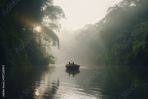 A misty river flows through a lush rainforest as a boat sails by in the morning. Generative AI