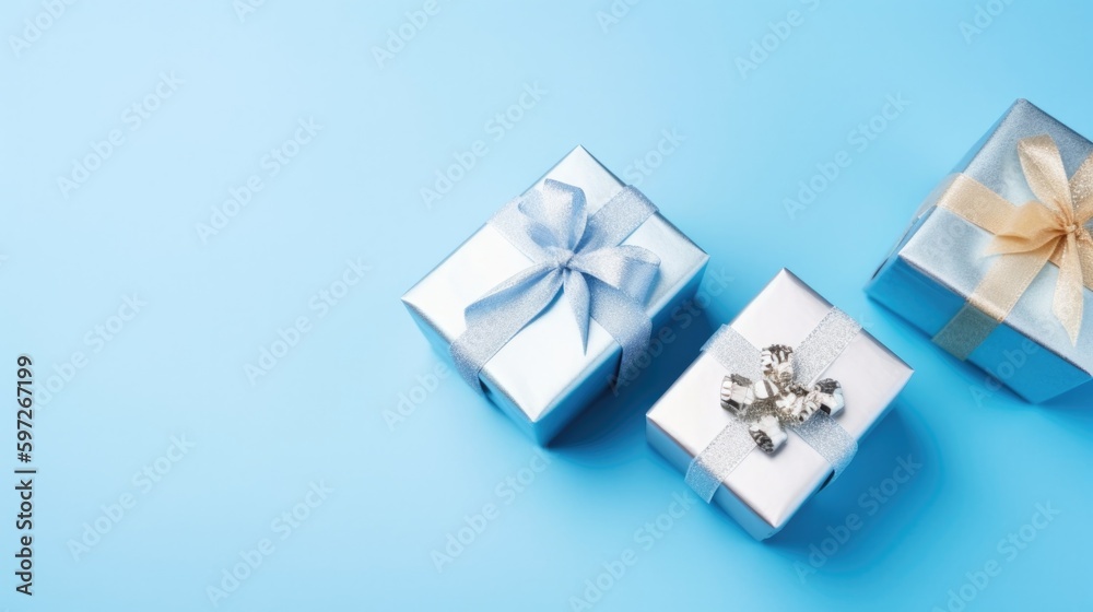 Blue background with silver gift boxes. Illustration AI Generative.