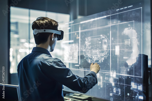 Virtural reality world with Artificial Intelligent. Create AI with Microsoft hololens. Student experiences Mixed Reality in studio lab. Created with Generative AI technology.