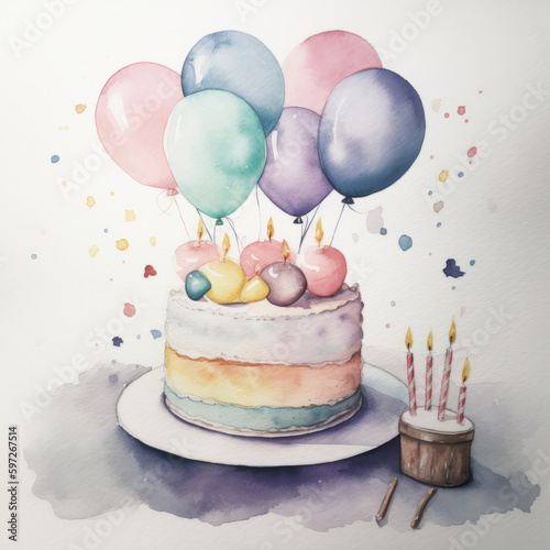 Watercolor Birthday Cake. Illustration AI Generative.