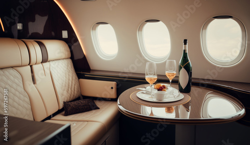 Interior of luxurious private jet with leather seats Illustration AI Generative.