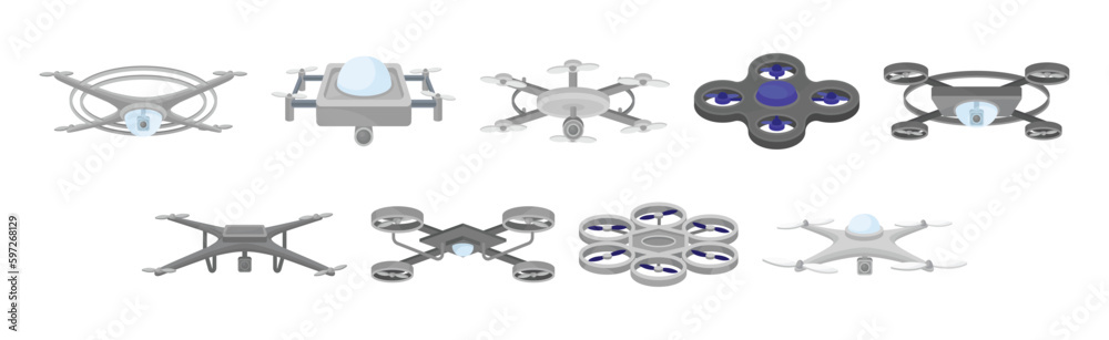 Pilotless Drone as Aerial Vehicle with Remote Control Isometric Vector Set