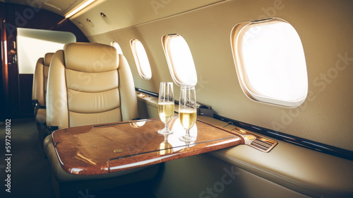Interior of luxurious private jet with leather seats Illustration AI Generative.