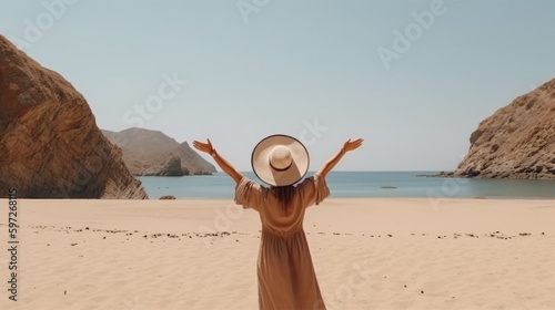 Back view of girl on the beach. Illustration AI Generative.