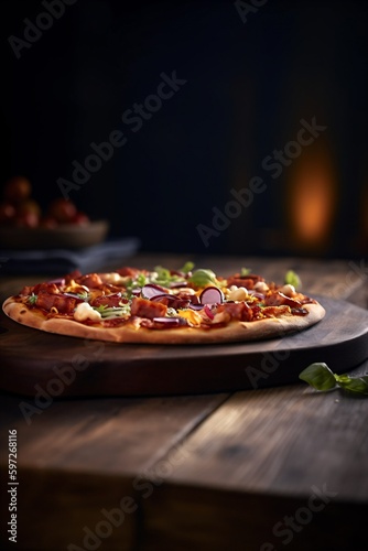 Pizza sur une planche en bois, poivron, fromage, jambon, sauce tomate, basilic, illustration culinaire, ia générative 