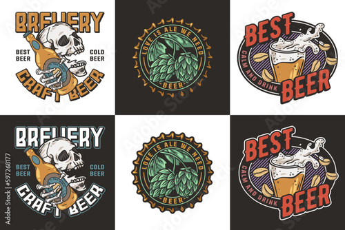 Beer set of emblems with skull and bottle, cap with hop and beer glass for brewery or bar. Craft beer vector logo for design label of pub and beer factory