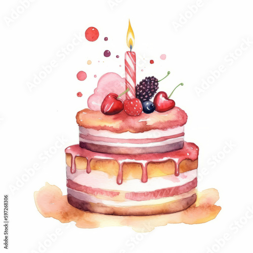 Watercolor Birthday Cake. Illustration AI Generative.