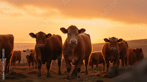 A herd of cows looking at the camera in meadow at sunset, generative ai