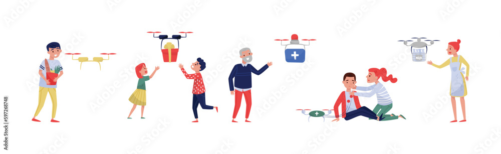 Drone Service and Delivery with People Characters Using Modern Smart Technology Vector Set