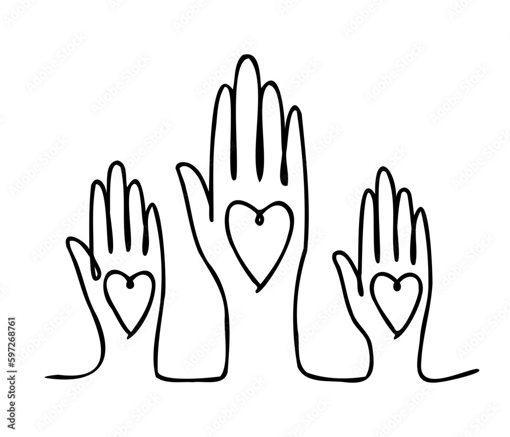 Continuous drawing in one line. Hands holding hearts on a white background. Black thin line of three hands depicting hearts. Vector illustration. Continuous drawing in one line. Hands holding hearts on a white background. Black thin line of three hands depicting hearts. Vector illustration.