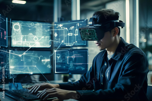 Virtural reality world with Artificial Intelligent. Create AI with Microsoft hololens. Student experiences Mixed Reality in studio lab. Created with Generative AI technology.