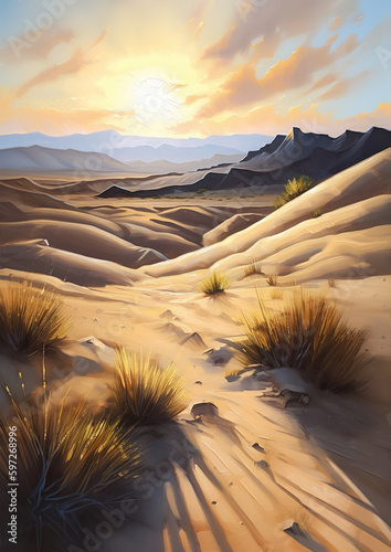 A dramatic desert landscape with sand dunes and a setting sun casting long shadows across the landscape, generative ai 