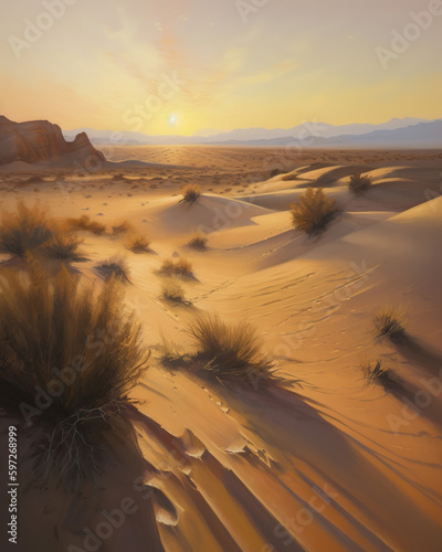 A dramatic desert landscape with sand dunes and a setting sun casting long shadows across the landscape, generative ai 