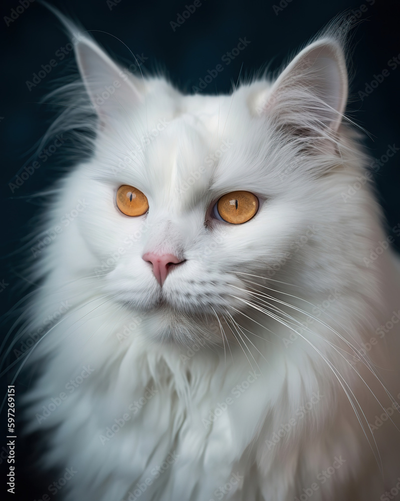 white cat with yellow eyes on a blue background, portrait, maine coon, generative ai 