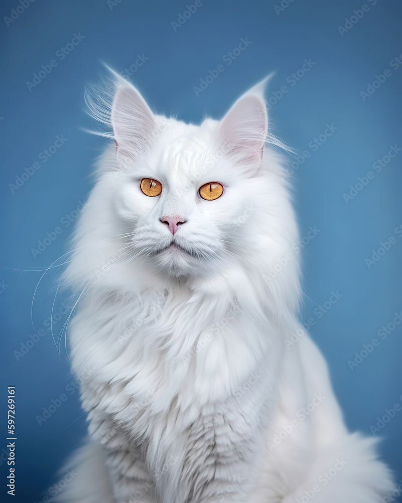 white cat with yellow eyes on a blue background, portrait, maine coon, generative ai 